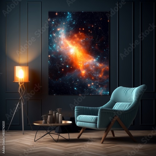 Cosmic nebula in dark room interior