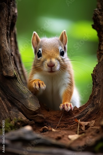 Curious squirrel peeking out from tree hole