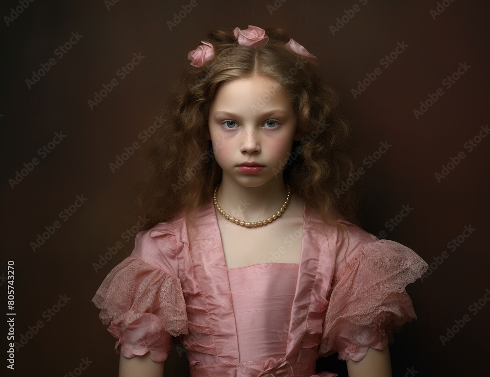 young girl in pink dress with flowers in hair young girl in pink dress with flowers in hair