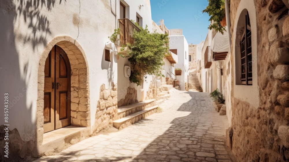 Charming mediterranean alleyway with stone buildings and greenery