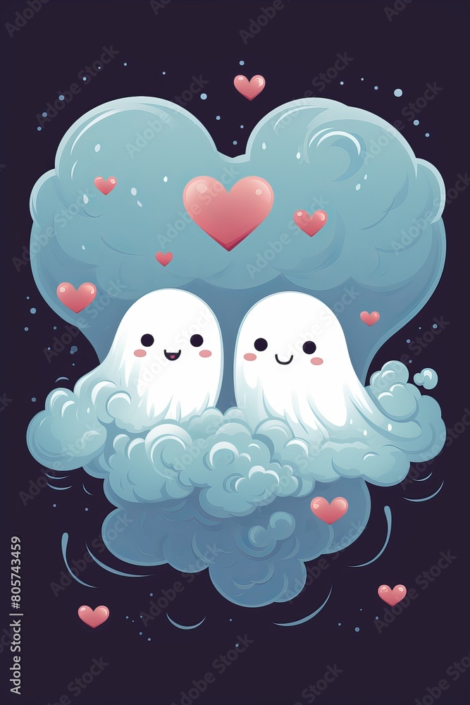 Cute ghostly couple in love surrounded by hearts and clouds