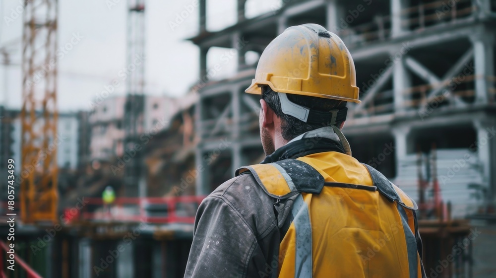 A construction worker in a hard hat at a building site. A construction worker in a hard hat at a building site.