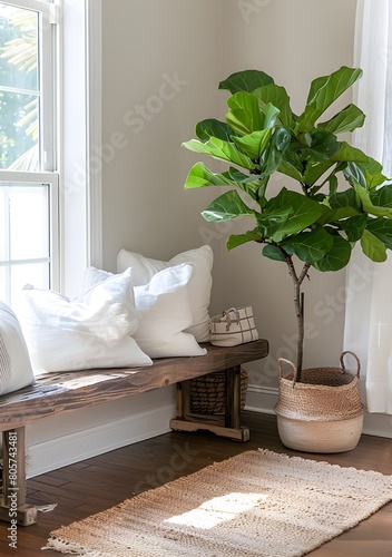 mockup of small plant sits in the corner of an open plan room, next to a wooden bench with white pillows and some baskets on it