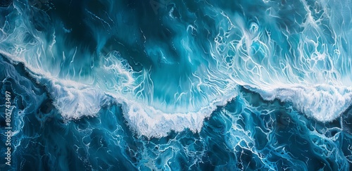 Aerial view of the ocean, with shades of blue and white waves, creating an abstract background photo