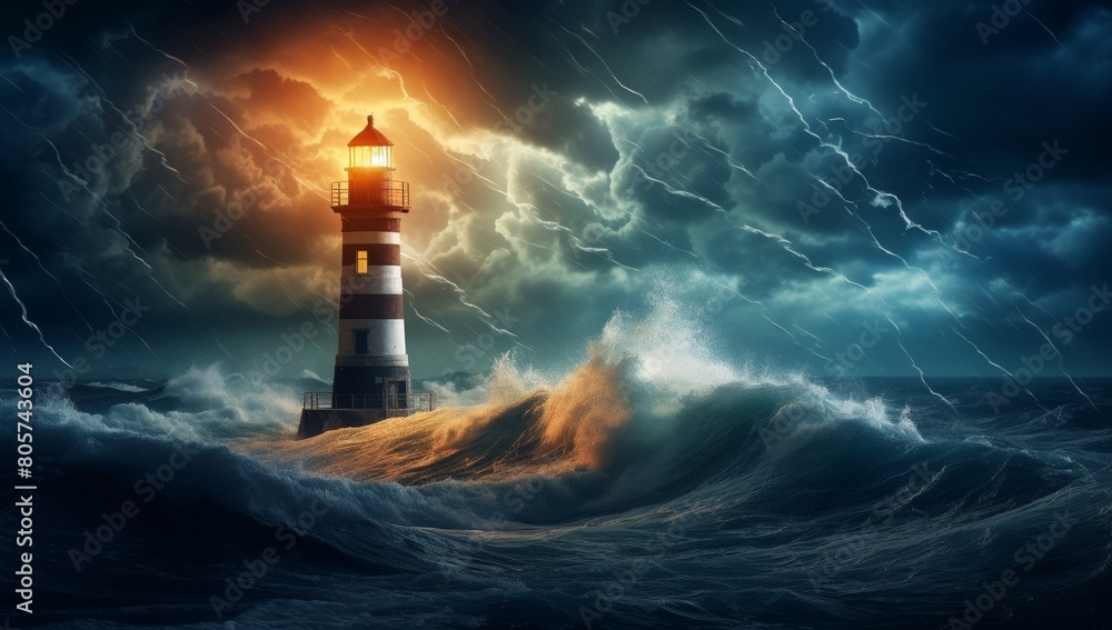 Dramatic lighthouse in stormy ocean