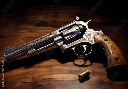 Engraved revolver on wooden surface