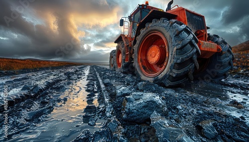 A powerful tractor is ploughing through a muddy field, leaving deep tracks behind it