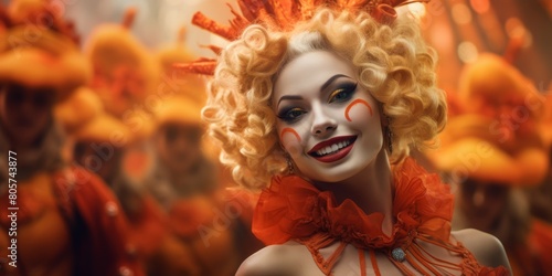 Vibrant portrait of a smiling clown with curly blonde hair
