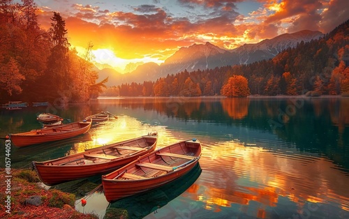 Amazing views on the Fusine side of the lake. Fairytale lake landscape image with boats on the water and colorful sky. A very stunning autumn view