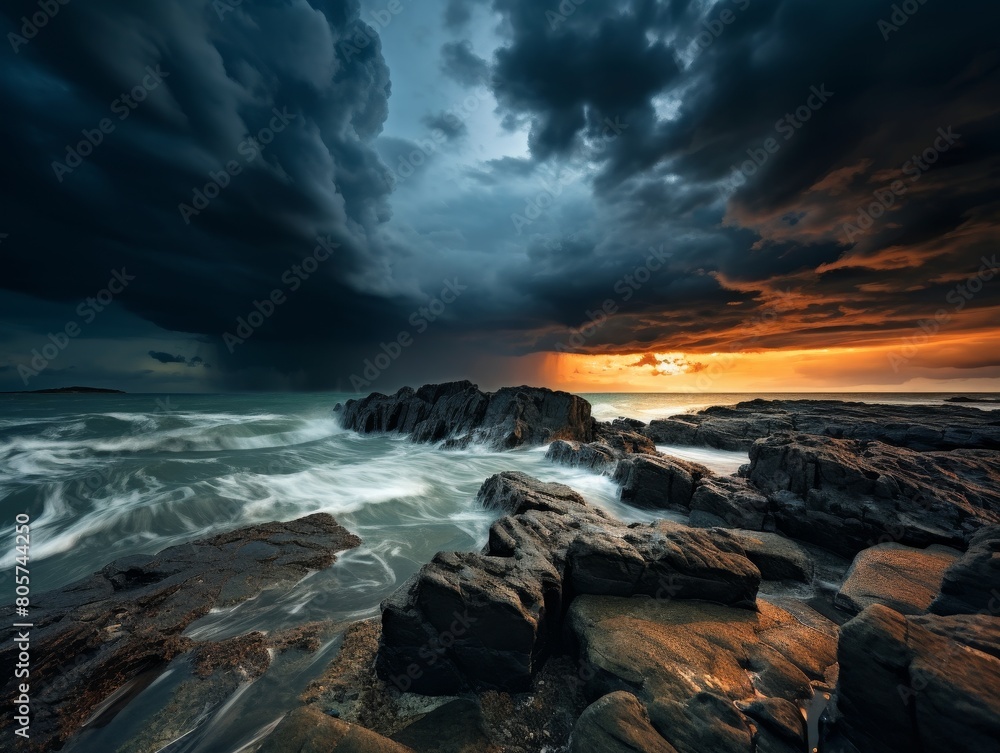 Dramatic stormy sunset over rocky coastline