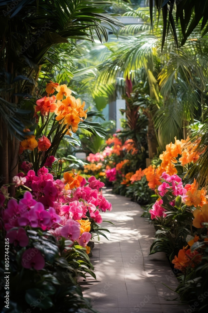 Vibrant tropical garden path with colorful flowers