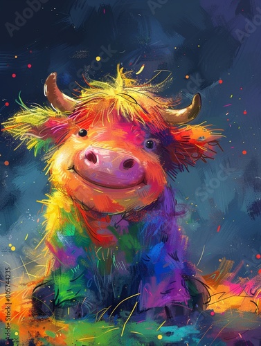 Whimsical digital painting of a chubby and lovely Scottish cow  cloaked in a spectrum of vibrant colors  capturing its endearing and funny character with a broad smile