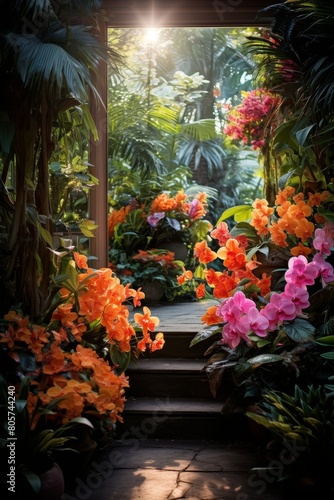 Lush tropical garden with vibrant flowers
