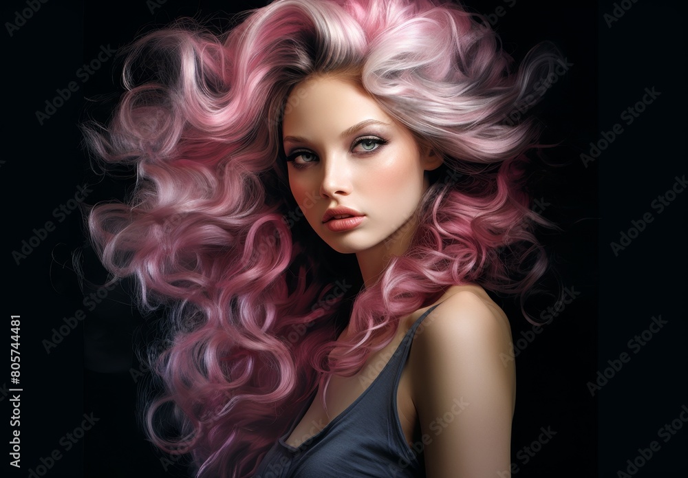 Glamorous model with vibrant pink curly hair