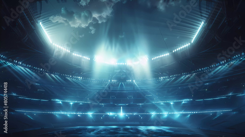 3d rendered football stadium at night with circle lightning shine to the ground.Olympic 2024,Euro 2024 competition background. photo