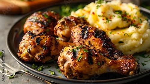 A plate filled with golden-brown grilled chicken drumsticks, paired with a side of creamy mashed potatoes