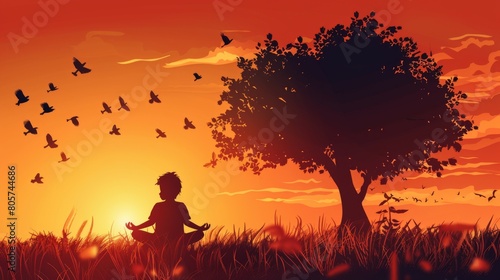 The photo shows a boy in a field of long grass, sitting cross-legged with his eyes closed, and a tree with birds flying around it