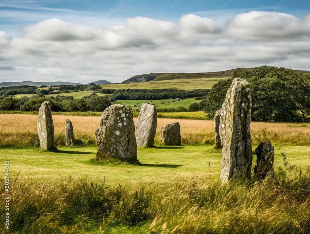 ancient stone monuments in rural countryside landscape