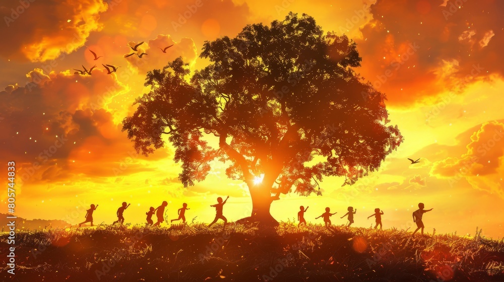 The image shows a group of people walking towards a large tree. The sky is orange and the sun is setting. The image is peaceful and serene.
