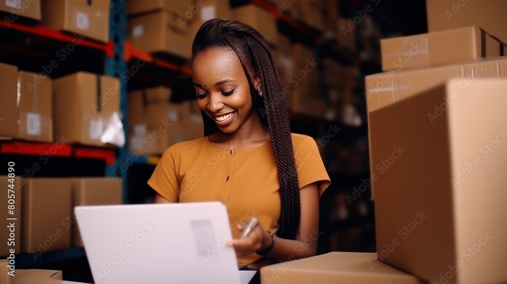 Smiley female accountant in warehouse. Young African American businesswoman standing in her fabric warehouse and working with paper documents. Smiley female accountant in warehouse. Young African American businesswoman standing in her fabric warehouse and working with paper documents.