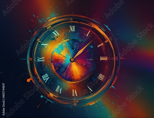 Abstract colorful image with a clock in the middle, time running out, time flies, tick tock. photo