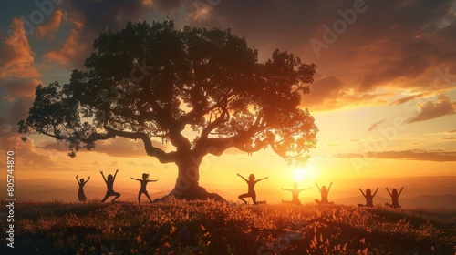 The image shows a large tree with people jumping around it. The sun is setting in the background. The image is warm and inviting. © pornchan