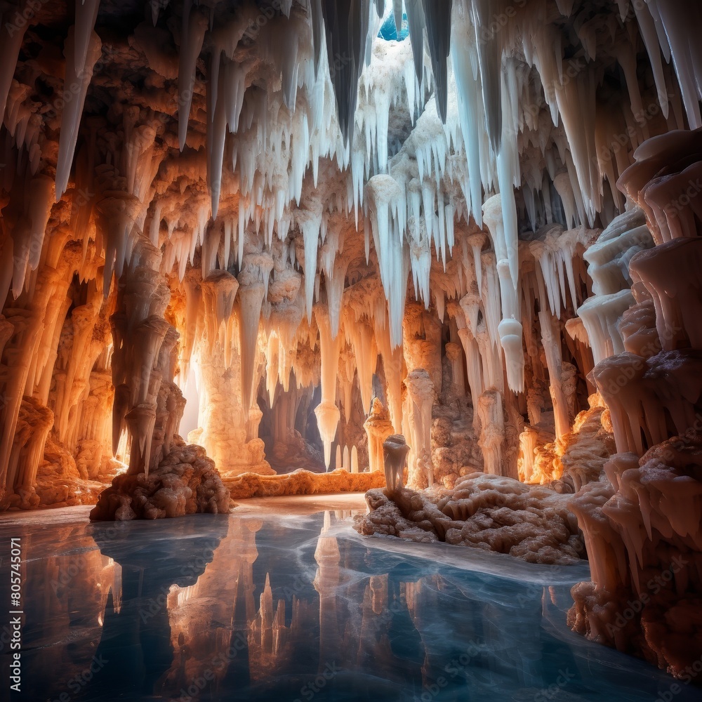 Frozen underground cave with icicles and reflections