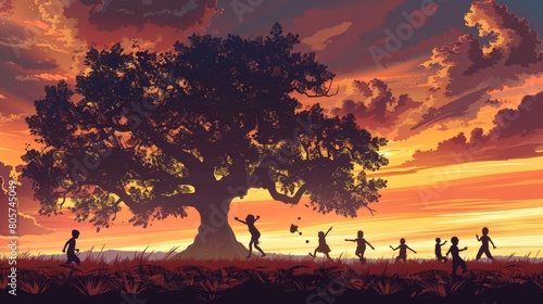 The image shows a group of children playing under a large tree at sunset