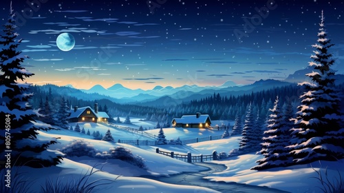 Cozy winter landscape with snowy cabins and mountains