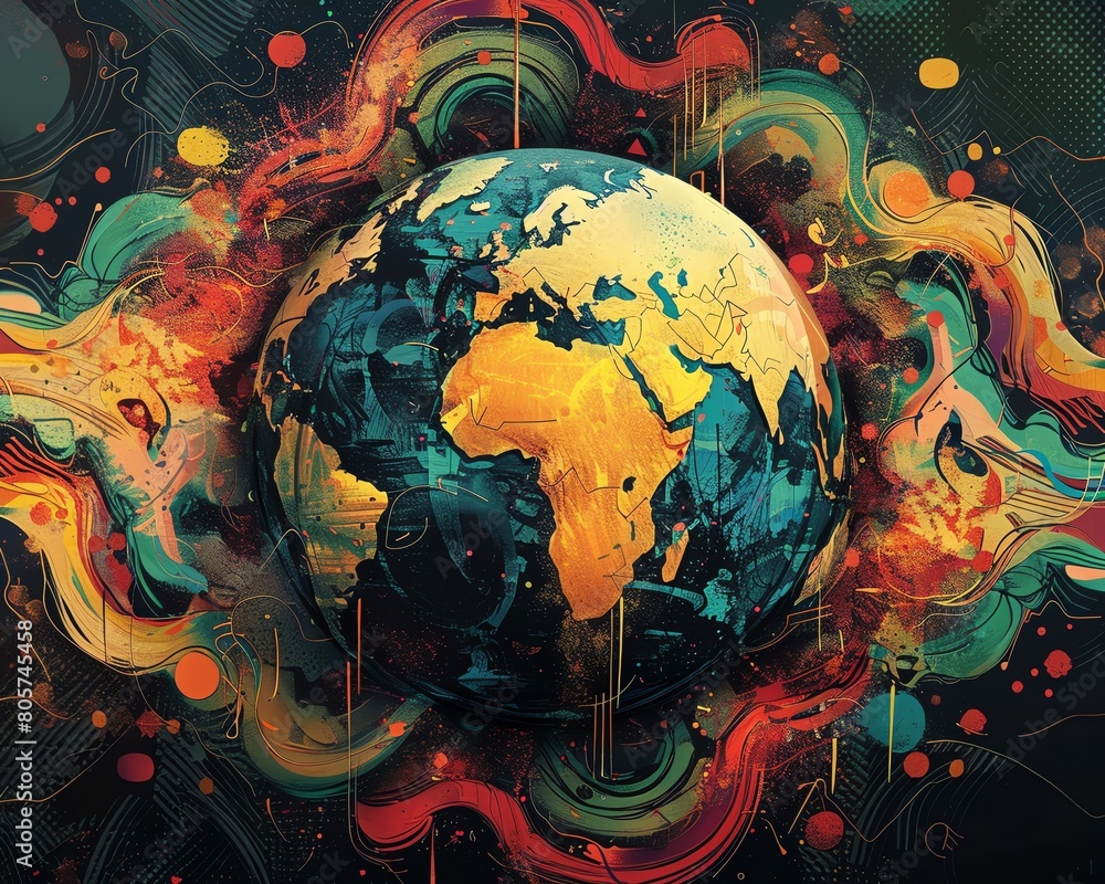 Naklejka premium A bold and impactful design with a large globe surrounded by swirling abstract patterns, ideal for international conferences