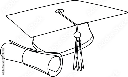 One continuous line drawing of graduation cap and diploma