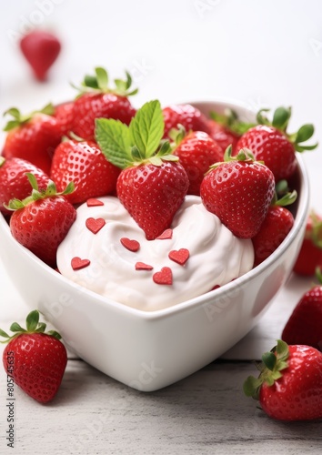 fresh strawberries with cream and heart-shaped sprinkles