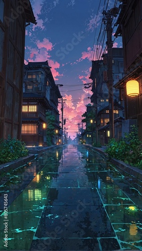 Illustration of a rainy, twilight urban street with traditional buildings, illuminated windows, wet pavement reflecting sky, and vibrant pink clouds.