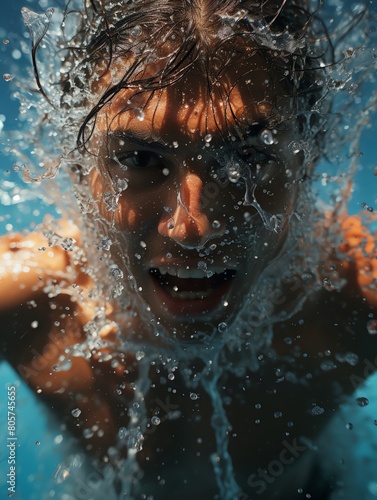 A detailed shot of water droplets splashing around as a swimmer kicks off the wall