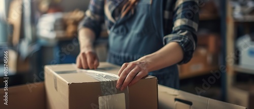 A close shot of an unrecognized person packing products in a carton with a big space over desk for text or product advertisement, Generative AI. photo