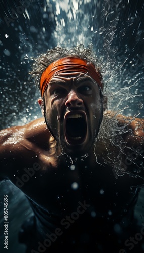 A dramatic scene of a swimmer gasping for air during a tough butterfly lap