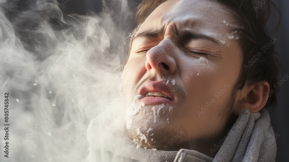 Close-up of a person exhaling steam from their mouth