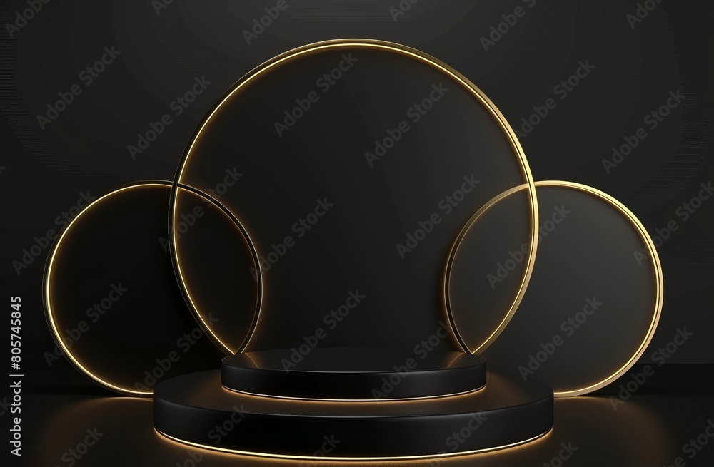 Black background with golden circular rings, podium display for product presentation