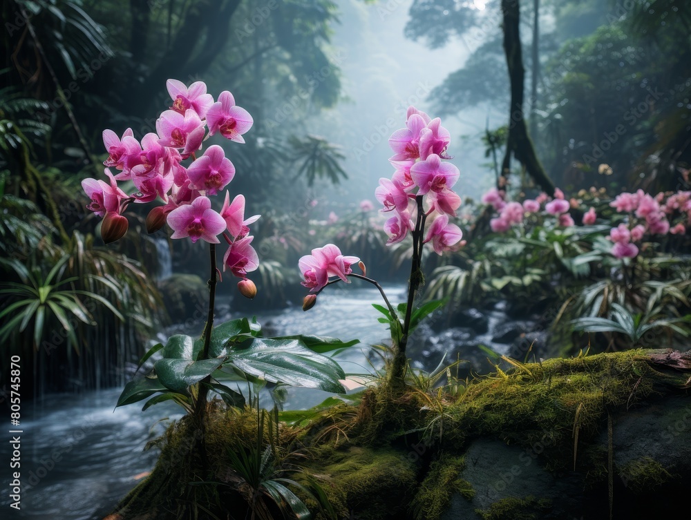 Vibrant pink orchids in lush tropical rainforest