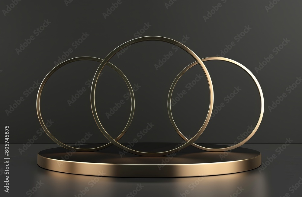 Black background with golden circular rings, podium display for product presentation Black background with golden circular rings, podium display for product presentation