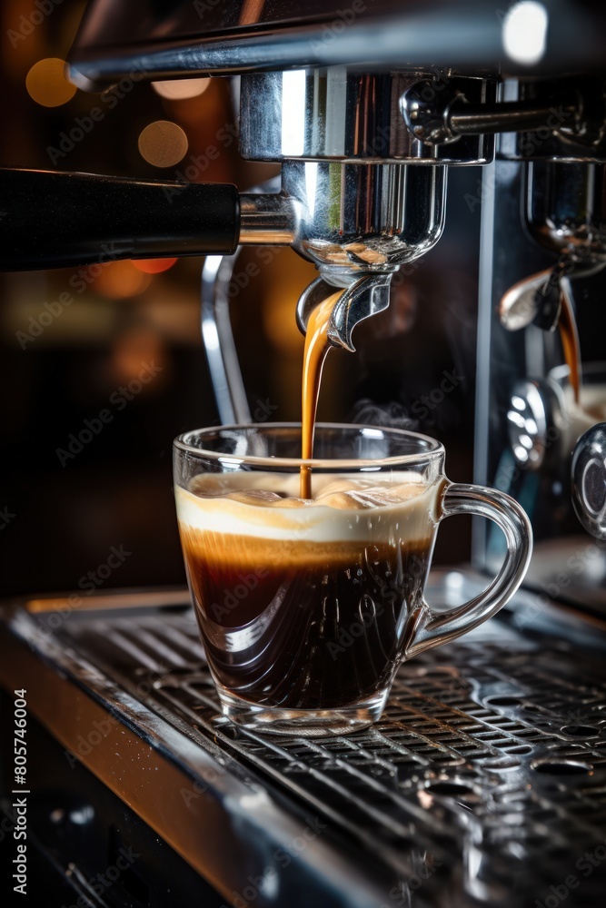 Fototapeta premium Professional coffee brewing. A Preparation of espresso coffee by using coffee machine. Espresso pouring from coffee machine. Close-up of espresso pouring from coffee machine. Vertical photo.