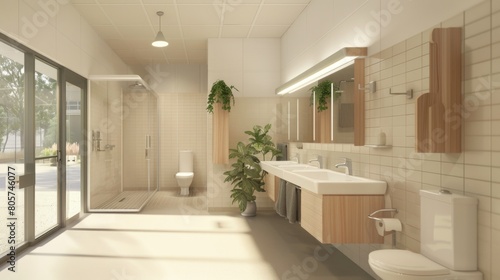 Bathroom  designed with wide entryways and ample space for maneuverability.