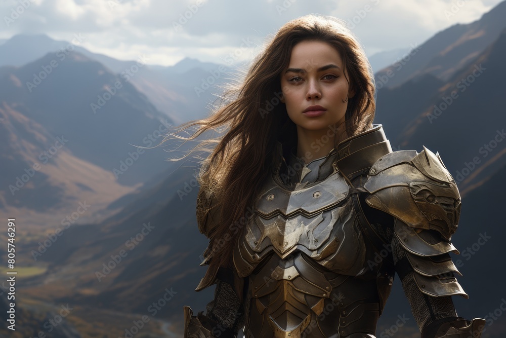 Warrior woman in armor stands on a mountain Warrior woman in armor stands on a mountain
