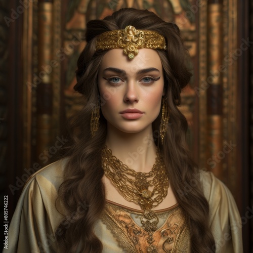 Elegant woman in golden medieval attire