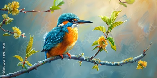 A common kingfisher perches over a willow branch over a backdrop of green, naturally fuzzy panorama visually soothing shot and space, Generative AI. photo