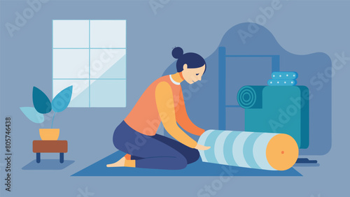 Escaping to a quiet corner of your home with a foam roller and blanket indulging in some selfcare with soothing stretches.. Vector illustration
