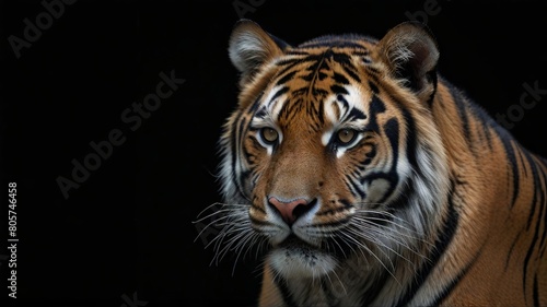 Close up of tiger on black background with copy space for text. © big bro
