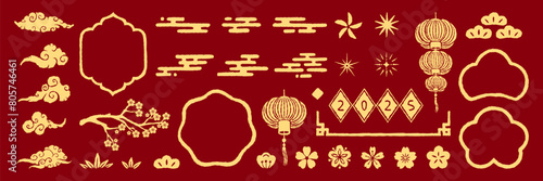 Chinese new year assets collection. Hand drawn traditional element, frame, lantern and flower. Vector texture jewelry set in Chinese and Japanese style for card, print, flyers, posters, merch, covers.
