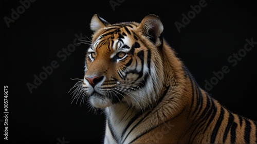 Close up of tiger on black background with copy space for text.