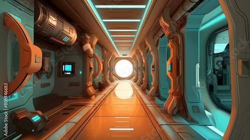 Fototapeta Naklejka Na Ścianę i Meble -  futuristic spaceship interior with glowing orange and teal lights
